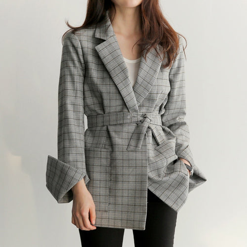 Spring Autumn Women Gray Plaid Office Lady Blazer Fashion Bow Sashes Split Sleeve Jackets Elegant Work Blazers Feminino