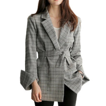 Load image into Gallery viewer, Spring Autumn Women Gray Plaid Office Lady Blazer Fashion Bow Sashes Split Sleeve Jackets Elegant Work Blazers Feminino