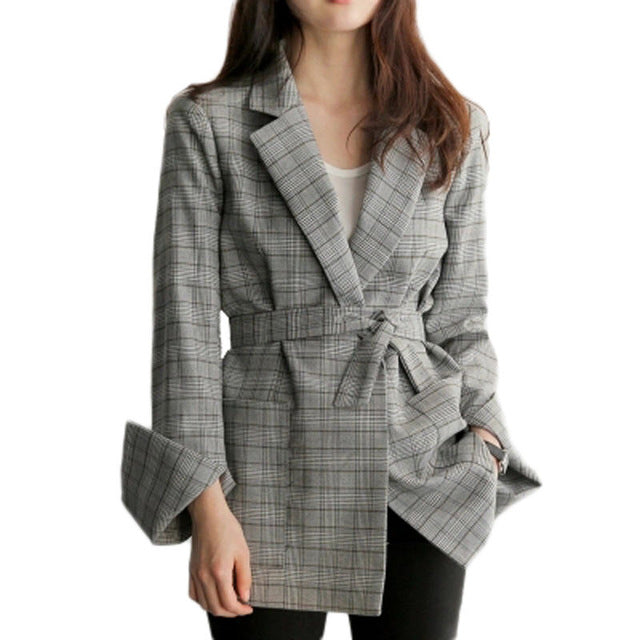 Spring Autumn Women Gray Plaid Office Lady Blazer Fashion Bow Sashes Split Sleeve Jackets Elegant Work Blazers Feminino